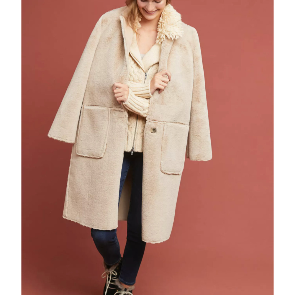Ett Twa by Anthropologie Beige Long Snowdrift Reversible Coat Size Large